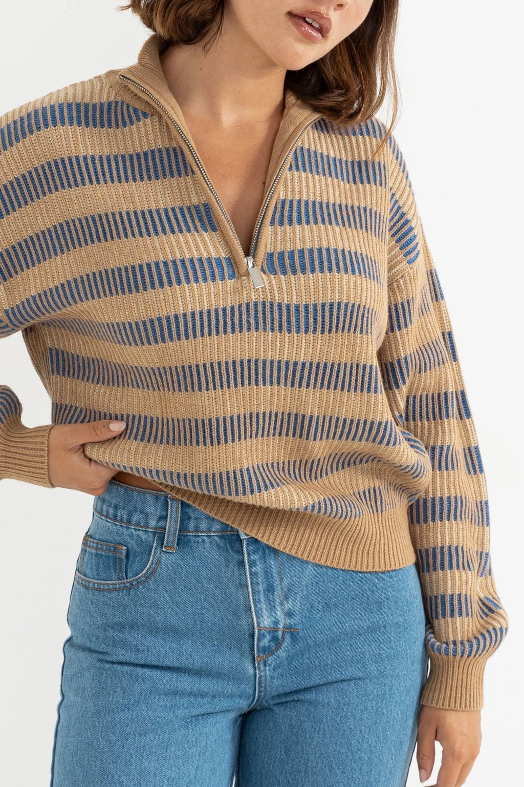 Rhythm Estelle Womens Quarter Zip Striped Knit - Cobalt