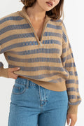 Rhythm Estelle Womens Quarter Zip Striped Knit - Cobalt