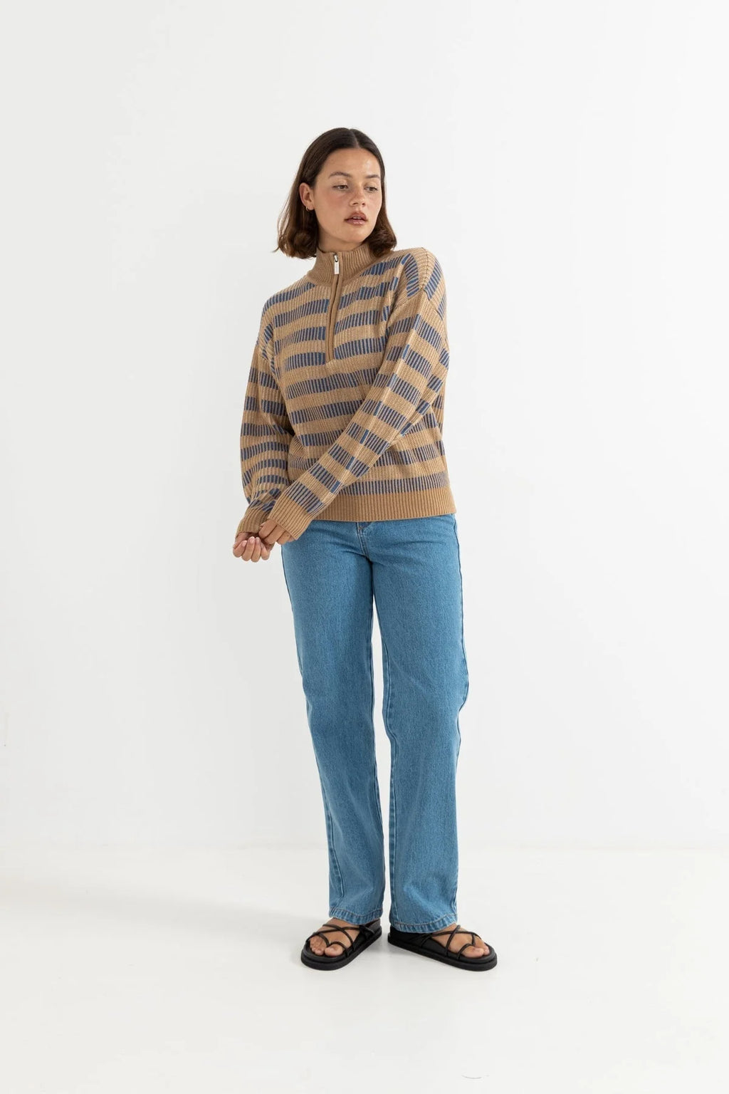 Rhythm Estelle Womens Quarter Zip Striped Knit - Cobalt