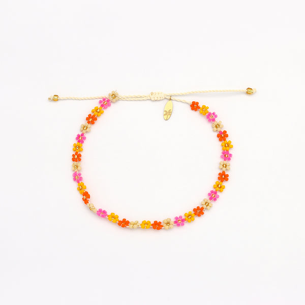 Pineapple Island Kelopak Daisy Chain Beaded Anklet - Pink/Yellow/Orange