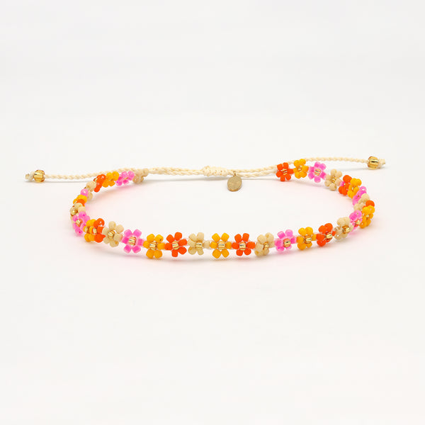 Pineapple Island Kelopak Daisy Chain Beaded Anklet - Pink/Yellow/Orange