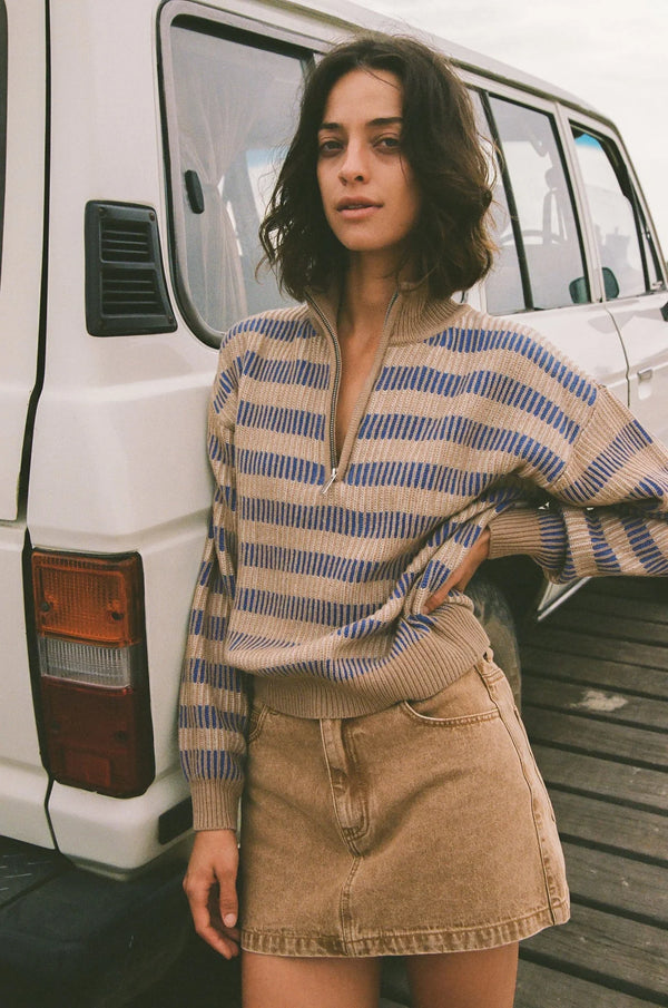 Rhythm Estelle Womens Quarter Zip Striped Knit - Cobalt