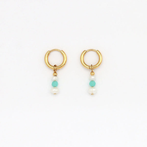 Pineapple Island Freshwater Pearl & Blue Gemstone Huggie Hoop Earrings