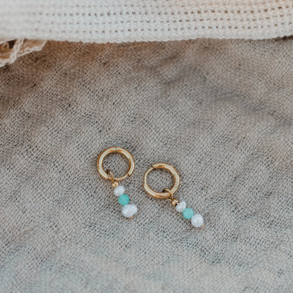 Pineapple Island Freshwater Pearl & Blue Gemstone Huggie Hoop Earrings