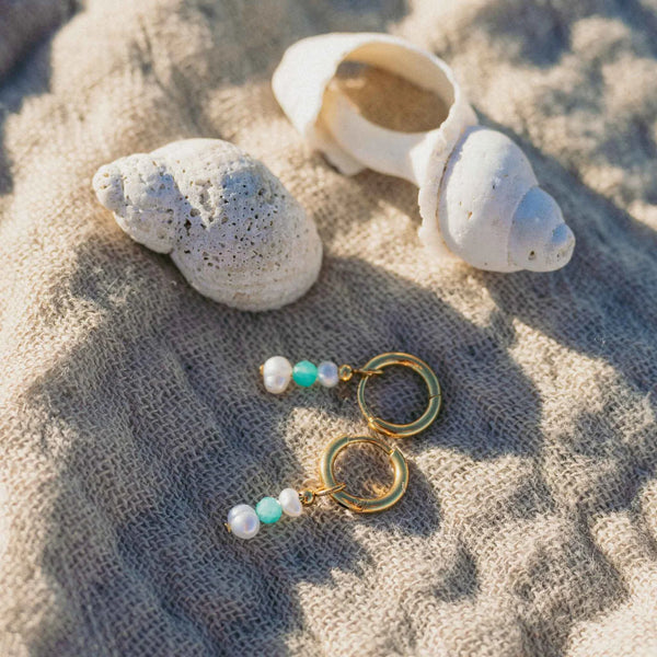 Pineapple Island Freshwater Pearl & Blue Gemstone Huggie Hoop Earrings