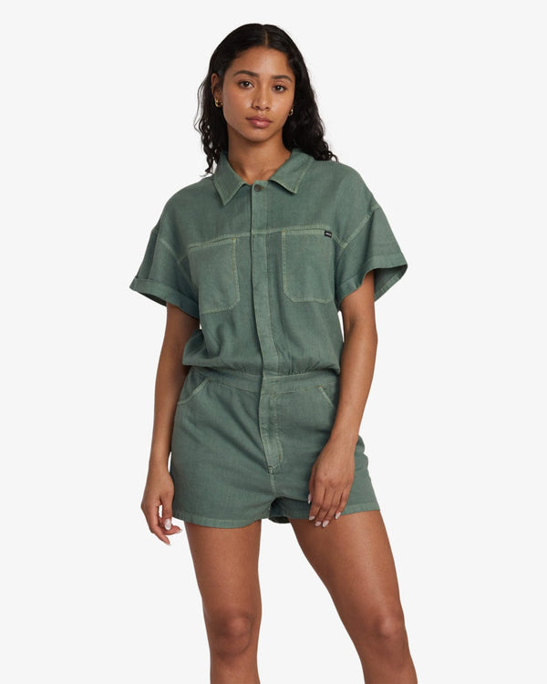 Rvca Dungarees S/8 RVCA Cadet Short Sleeved Playsuit - Jade